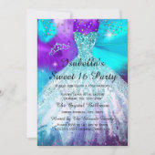 甘い16誕生日パーティーティール（緑がかった色）紫色のバルーン 招待状 (正面)