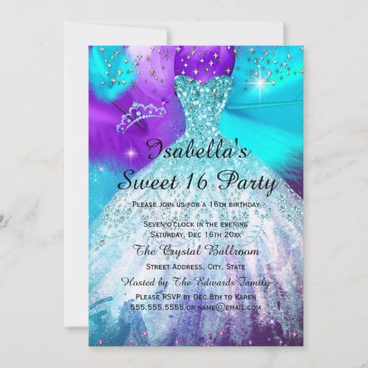 甘い16誕生日パーティーティール（緑がかった色）紫色のバルーン 招待状 (正面)