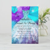 甘い16誕生日パーティーティール（緑がかった色）紫色のバルーン 招待状 (スタンド正面)