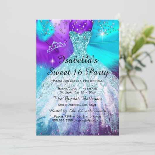 甘い16誕生日パーティーティール（緑がかった色）紫色のバルーン 招待状 (スタンド正面)