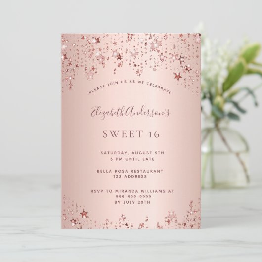 甘い16誕生日パーティーバラ金ゴールド星ふりかけ 招待状 (スタンド正面)