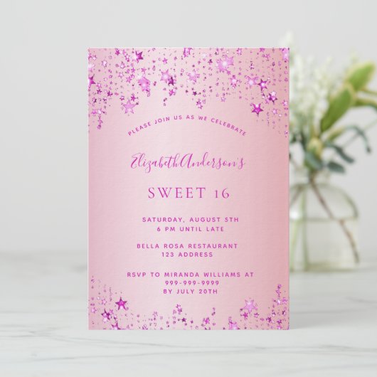 甘い16誕生日パーティーピンクの星ラグジュアリー 招待状 (スタンド正面)