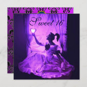 甘い16誕生日パーティーピンクブルーブラックダマスク 招待状 (正面/裏面)