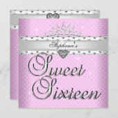 甘い16誕生日パーティーピンクホワイトスポットティアラ 招待状 (正面/裏面)