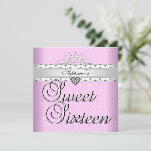 甘い16誕生日パーティーピンクホワイトスポットティアラ 招待状 (スタンド正面)
