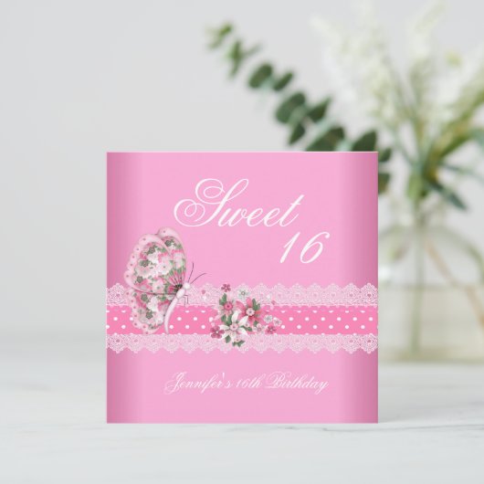 甘い16誕生日パーティーピンクホワイトピンクスポットピンク 招待状 (スタンド正面)