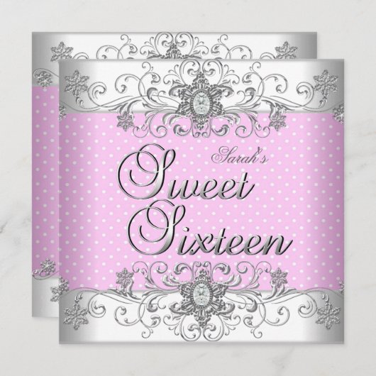 甘い16誕生日パーティーピンクホワイト水玉模様 招待状 (正面/裏面)