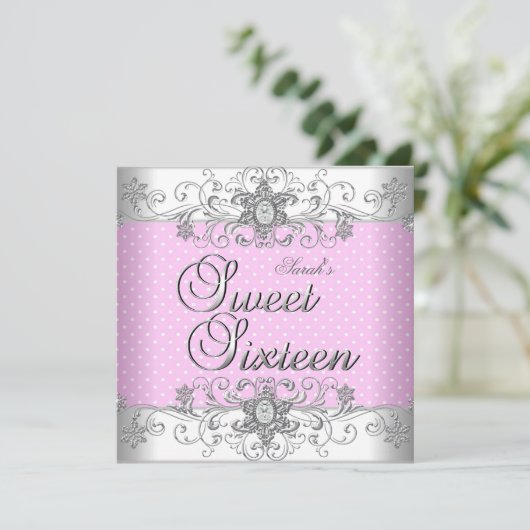 甘い16誕生日パーティーピンクホワイト水玉模様 招待状 (スタンド正面)