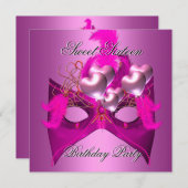 甘い16誕生日パーティーピンクマスクバルーン 招待状 (正面/裏面)