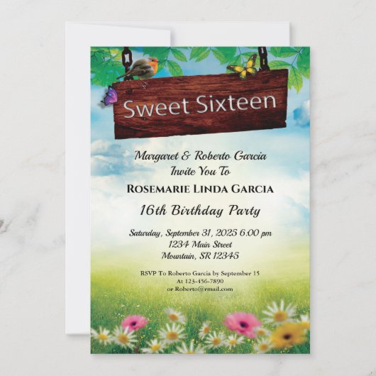 甘い16誕生日パーティーフラワーズバタフライカスタム 招待状 (正面)