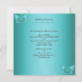 甘い16誕生日パーティーブルーティール(緑がかった色)ホワイトバタフライ 招待状 (裏面)