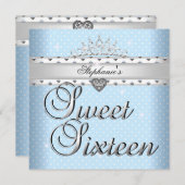 甘い16誕生日パーティーブルーホワイトスポットティアラ 招待状 (正面/裏面)