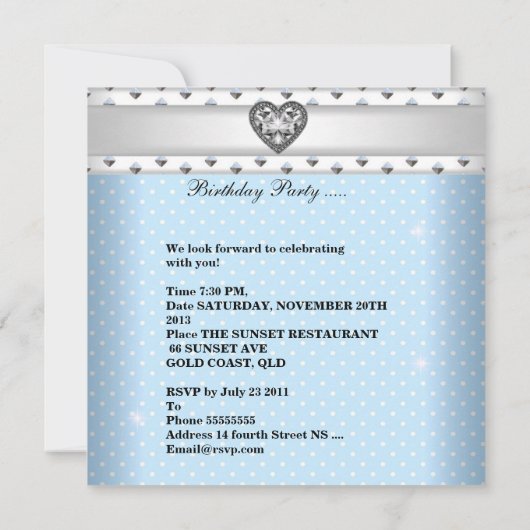 甘い16誕生日パーティーブルーホワイトスポットティアラ 招待状 (裏面)