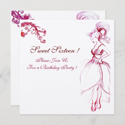 甘い16誕生日パーティーモノグラムレッドピンクの渦巻き旋回 招待状 (正面/裏面)