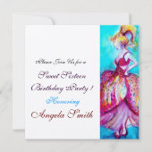 甘い16誕生日パーティーレッドピンクブルーターコイズ 招待状 (正面)