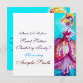 甘い16誕生日パーティーレッドピンクブルーターコイズ 招待状 (正面/裏面)