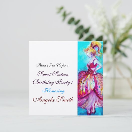 甘い16誕生日パーティーレッドピンクブルーターコイズ 招待状 (スタンド正面)
