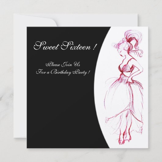 甘い16誕生日パーティーレッドピンク白黒 招待状 (正面)