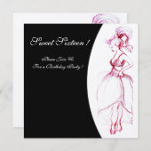 甘い16誕生日パーティーレッドピンク白黒 招待状 (正面/裏面)