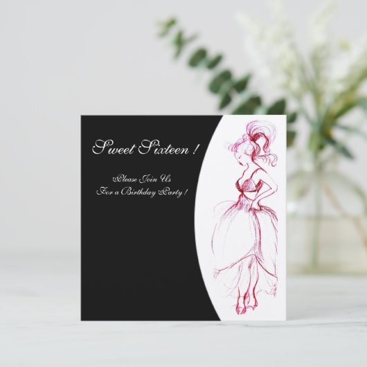 甘い16誕生日パーティーレッドピンク白黒 招待状 (スタンド正面)