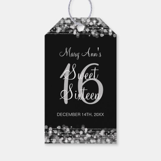甘い16誕生日パーティー輝くシルバー ギフトタグ (正面)