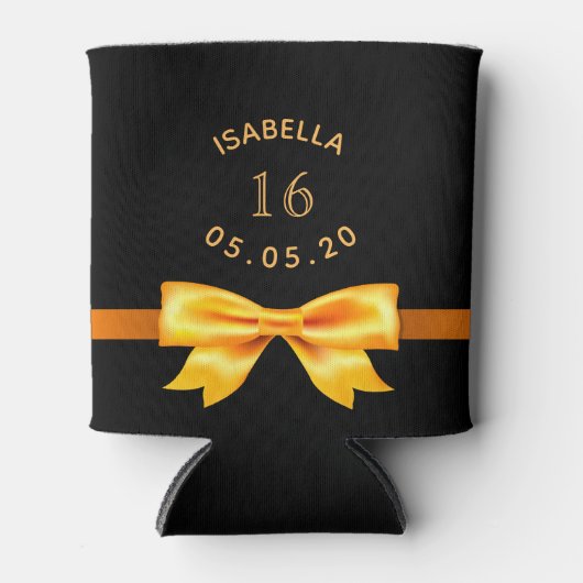甘い16誕生日パーティー黒い金ゴールドの弓の名前 缶クーラー (正面)