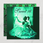 甘い16誕生日パーティー、グリーンイエローブラックダマスク 招待状 (正面/裏面)