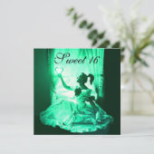 甘い16誕生日パーティー、グリーンイエローブラックダマスク 招待状 (スタンド正面)