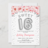 甘い16誕生日パーティー – ピンクシルバーバルーン 招待状 (正面)