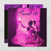 甘い16誕生日パーティー、ピンクパープブラックダマスク 招待状 (正面/裏面)