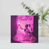 甘い16誕生日パーティー、ピンクパープブラックダマスク 招待状 (スタンド正面)