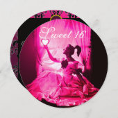 甘い16誕生日パーティー、ピンク明るい赤紫色ブラックダマスク 招待状 (正面/裏面)