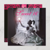 甘い16誕生日パーティー、ピンク明るい赤紫色ブラックダマスク 招待状 (正面/裏面)