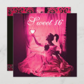 甘い16誕生日パーティー、ピンク明るい赤紫色ブラックダマスク 招待状 (正面/裏面)