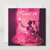 甘い16誕生日パーティー、ピンク明るい赤紫色ブラックダマスク 招待状 (正面)