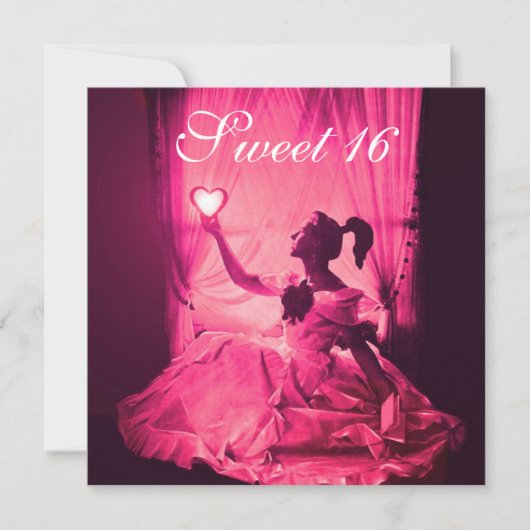 甘い16誕生日パーティー、ピンク明るい赤紫色ブラックダマスク 招待状 (正面)