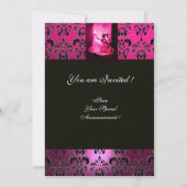 甘い16誕生日パーティー、ピンク明るい赤紫色ブラックダマスク 招待状 (裏面)