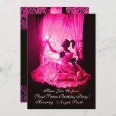 甘い16誕生日パーティー、ピンク明るい赤紫色ブラックダマスク 招待状 (正面/裏面)