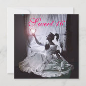 甘い16誕生日パーティー、ピンク明るい赤紫色ブラックダマスク 招待状 (正面)