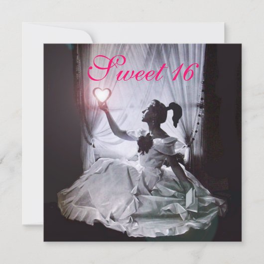 甘い16誕生日パーティー、ピンク明るい赤紫色ブラックダマスク 招待状 (正面)