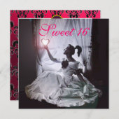 甘い16誕生日パーティー、ピンク明るい赤紫色ブラックダマスク 招待状 (正面/裏面)