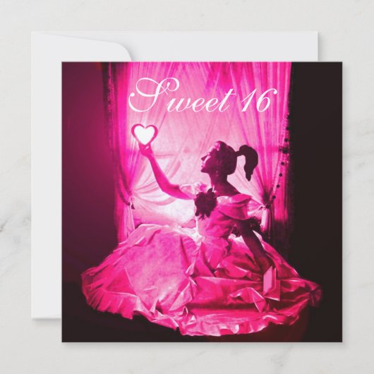 甘い16誕生日パーティー、ピンク明るい赤紫色ブラックダマスク 招待状 (正面)