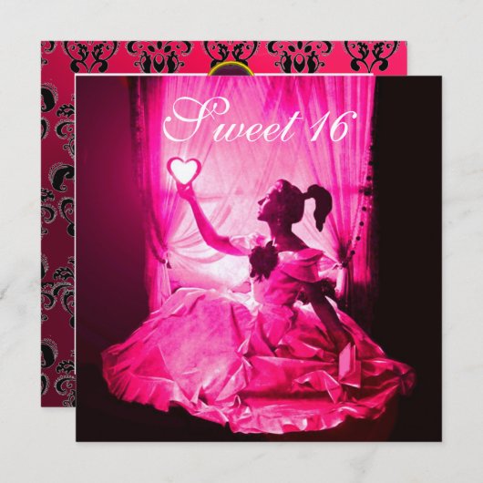甘い16誕生日パーティー、ピンク明るい赤紫色ブラックダマスク 招待状 (正面/裏面)