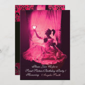 甘い16誕生日パーティー、ピンク明るい赤紫色ブラックダマスク 招待状 (正面/裏面)