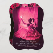 甘い16誕生日パーティー、ピンク明るい赤紫色ブラックダマスク 招待状 (正面/裏面)