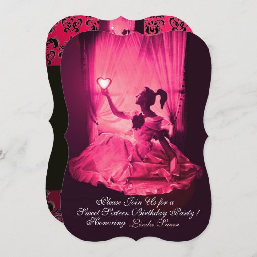甘い16誕生日パーティー、ピンク明るい赤紫色ブラックダマスク 招待状 (正面/裏面)