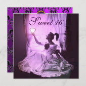 甘い16誕生日パーティー、ピンク紫ブラックダマスク 招待状 (正面/裏面)