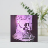 甘い16誕生日パーティー、ピンク紫ブラックダマスク 招待状 (スタンド正面)