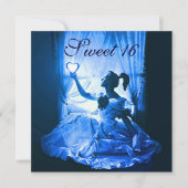 甘い16誕生日パーティー、ブルー白黒ダマスク 招待状 (正面)