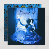 甘い16誕生日パーティー、ブルー白黒ダマスク 招待状 (正面/裏面)